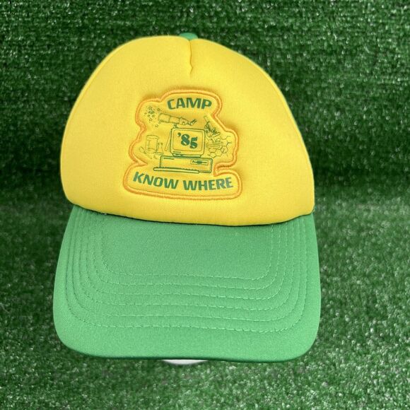 Camp '85 Know Where Stranger Things Funko Trucker Hat Yellow Green Adjustable - Picture 1 of 7